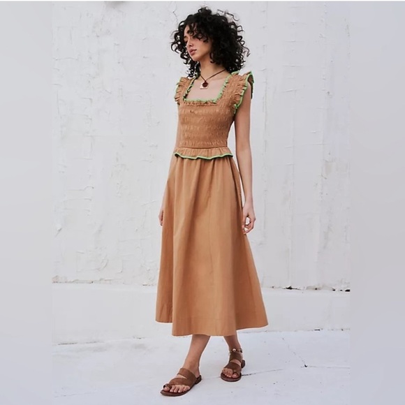 Free People TOVI Brown and Lime Smocked Midi swing dress - Picture 1 of 5